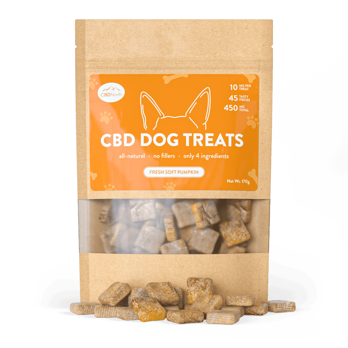 CBDNorth Fresh Soft Pumpkin CBD Dog Treats 450mg pouch with scattered square treat pieces – buy CBD dog treats Canada