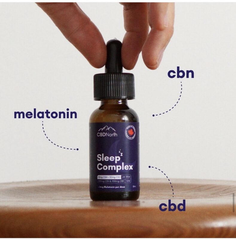 CBDNorth Extra Strength Sleep Complex tincture bottle with annotations for CBN, Melatonin, and CBD – buy CBN sleep oil Canada
