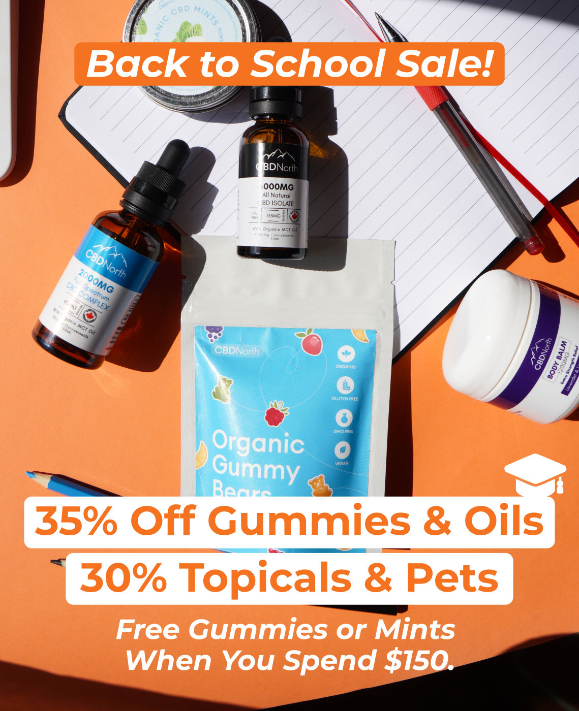 CBDNorth Back to School Sale vertical graphic offering 35% off gummies and oils and 30% off topicals and pets – buy CBD Canada