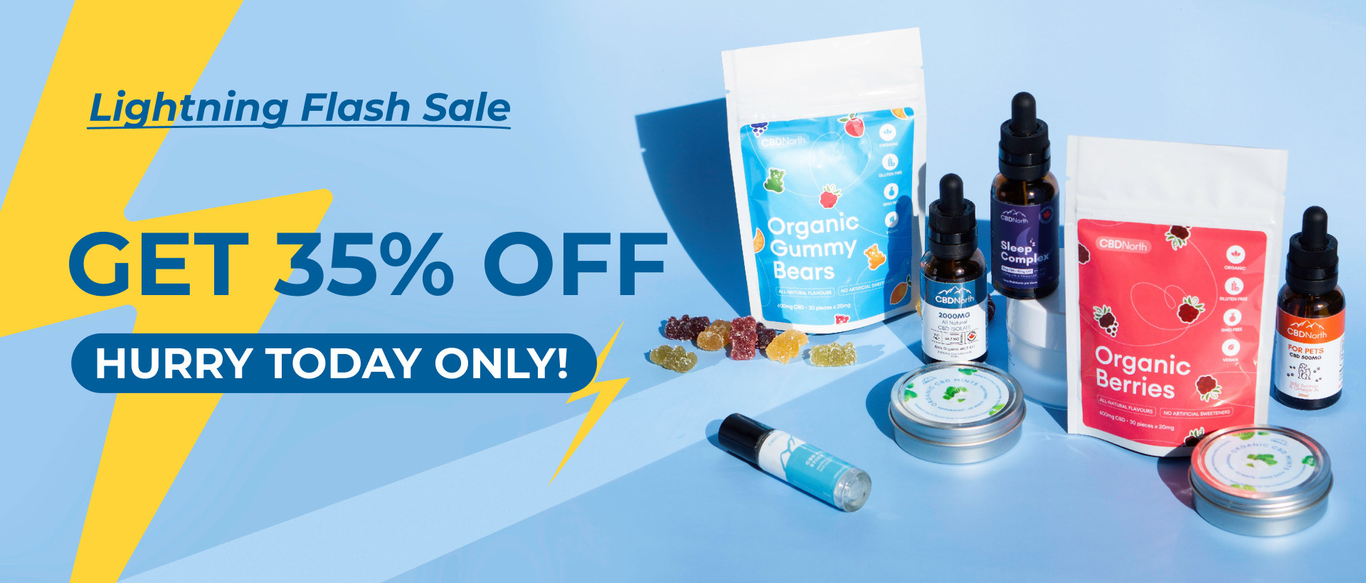 CBDNorth Lightning Flash Sale banner offering 35% off sitewide on CBD gummies, oils, and pet products – buy CBD Canada