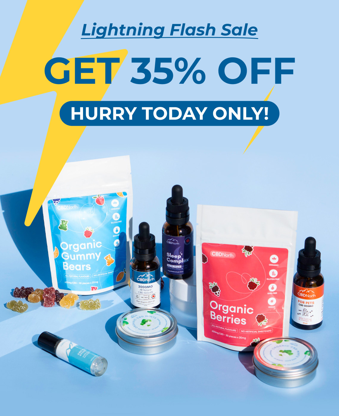 CBDNorth Lightning Flash Sale banner offering 35% off sitewide on CBD gummies, oils, and pet products – buy CBD Canada