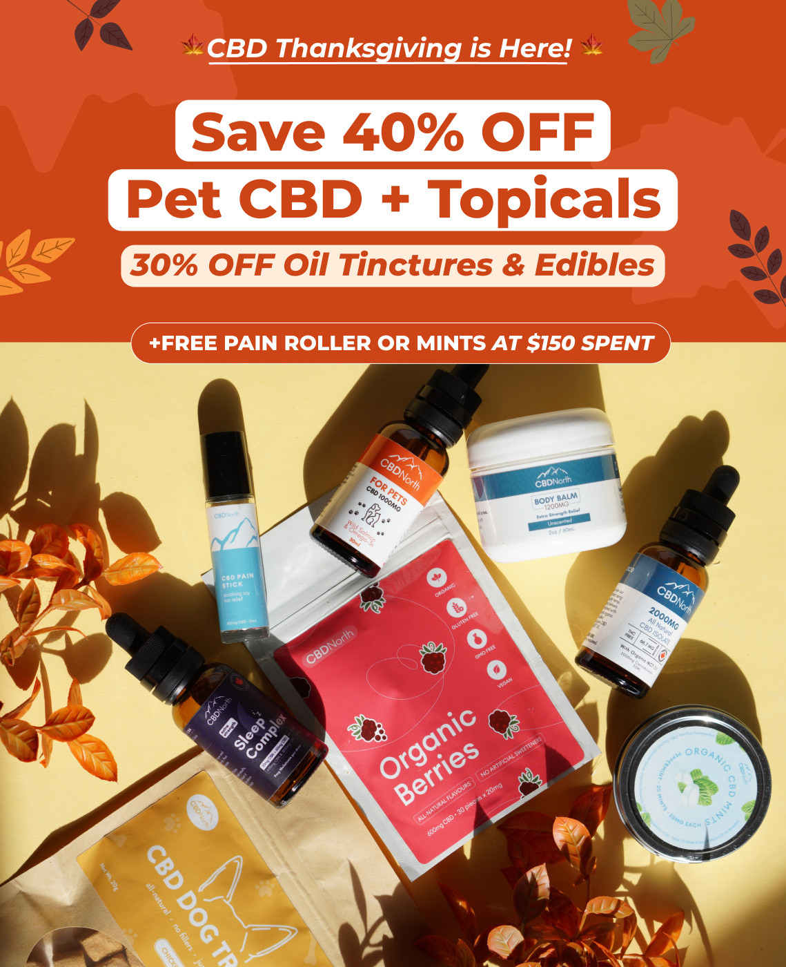 CBDNorth Thanksgiving sale featuring CBD oils, pet CBD, topicals and edibles with autumn leaves